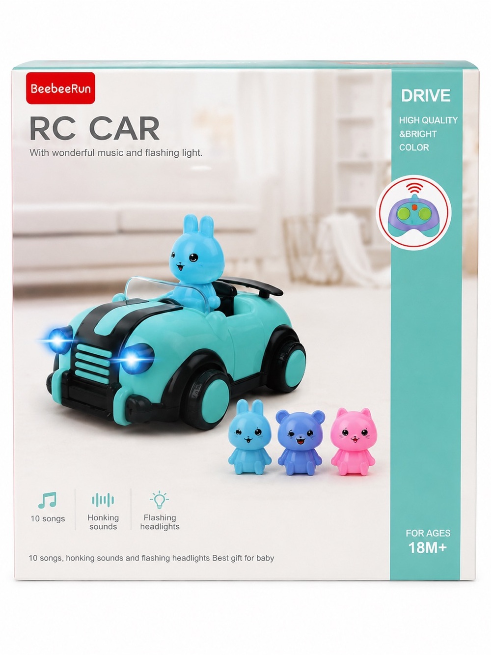 Beebeerun Toddler RC Car Kids RC Car Toy with Music & Flashing Lights - Teal